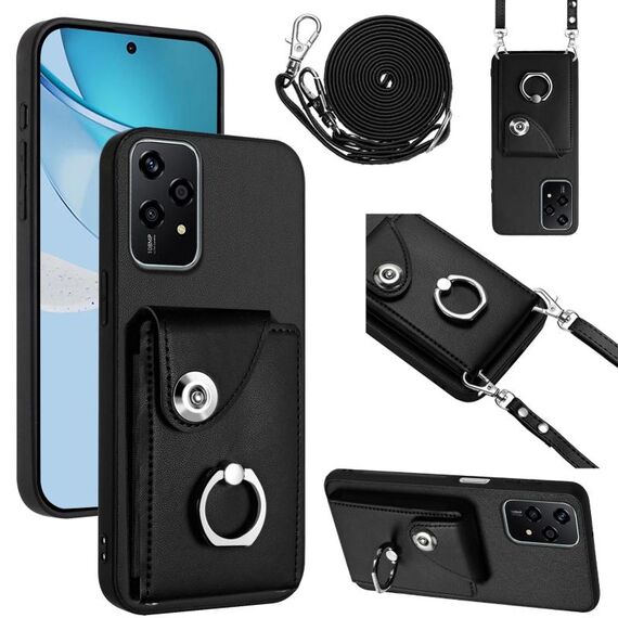 Per Honor 200 Lite 5G Global Organ Card Bag Ring Holder Custodia per telefono con cordino lungo (nero)