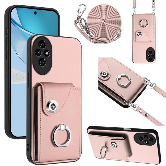 Per Honor 200 Pro 5G Custodia per telefono con anello porta carte e cordino lungo (rosa)