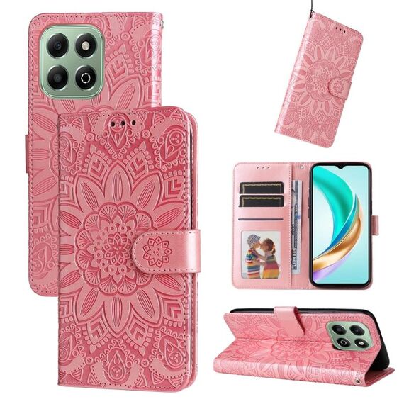 Custodia per telefono in pelle con motivo girasole in rilievo per Honor X6b (oro rosa)