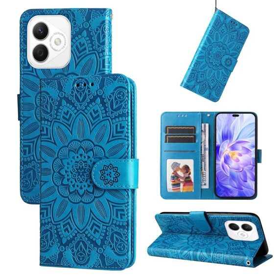 Custodia per telefono in pelle con motivo girasole in rilievo per Honor X60i (blu)