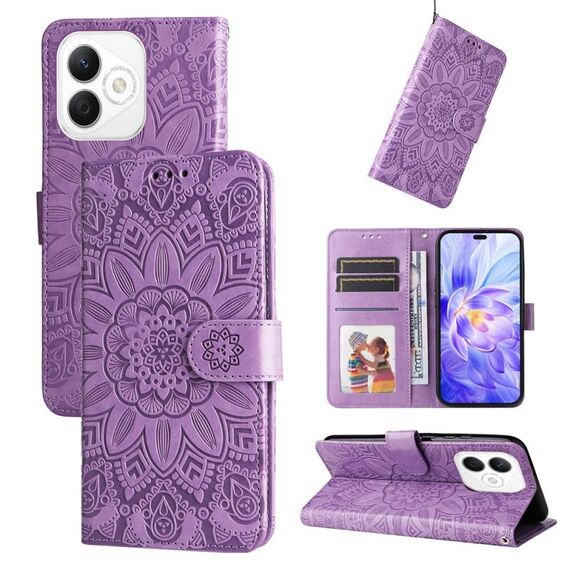 Custodia per telefono in pelle con motivo girasole in rilievo per Honor X60i (viola)