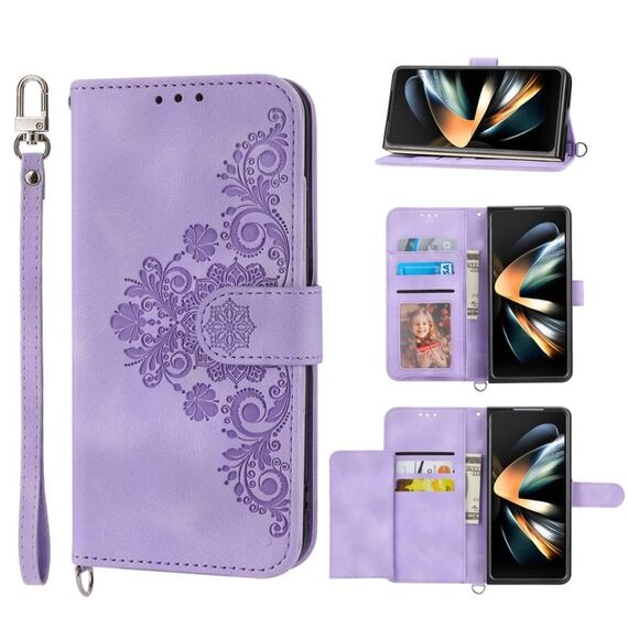 Per Samsung Galaxy Z Fold6 Custodia in pelle con motivo floreale in rilievo (viola)