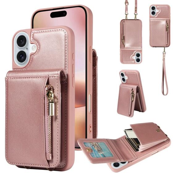 Per iPhone 16 Plus Custodia per telefono in pelle con cerniera e cordino a tracolla (oro rosa)