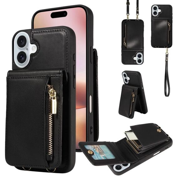 Per iPhone 16 Plus Custodia per telefono in pelle con cerniera e cordino a tracolla (nero)