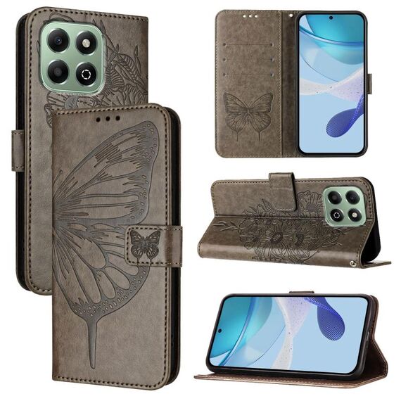 Custodia per telefono in pelle con motivo a farfalla in rilievo per Honor X6b (grigio)