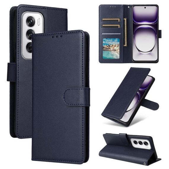 Per OPPO Reno12 5G Custodia per telefono in pelle con vibrazione orizzontale multifunzionale globale con tre slot per schede (blu navy)