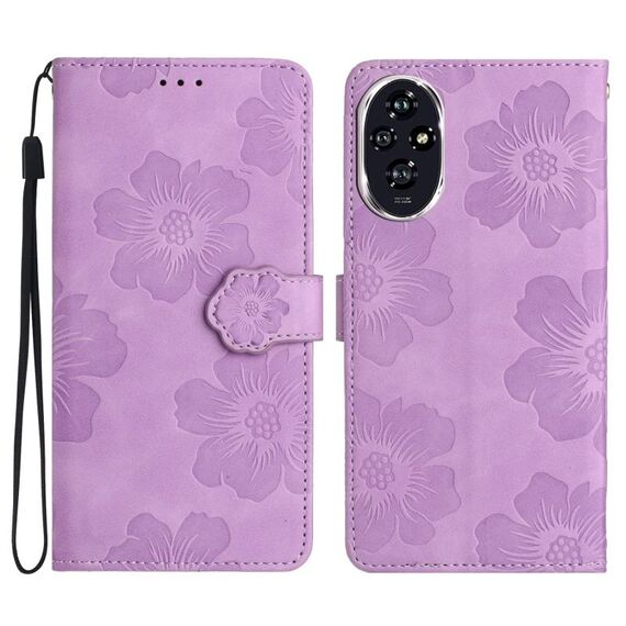 Custodia in pelle con motivo a rilievo floreale per Honor 200 (viola)