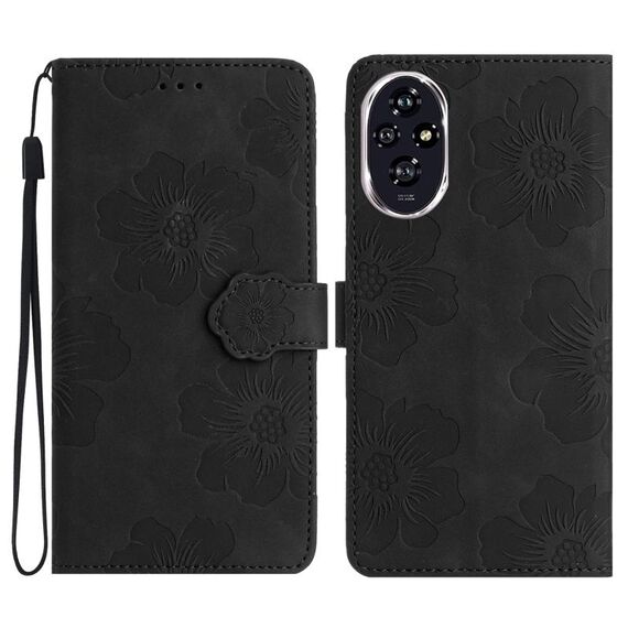 Custodia in pelle con motivo a rilievo floreale per Honor 200 (nero)