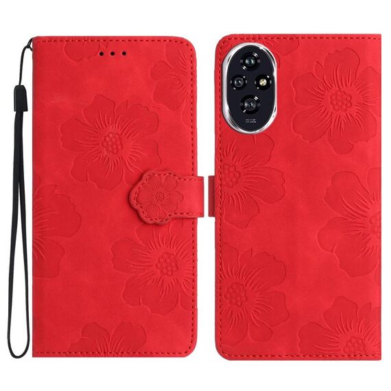 Custodia in pelle con motivo a rilievo floreale per Honor 200 Pro (rosso)