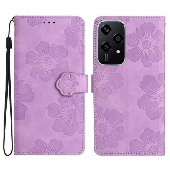 Custodia in pelle con motivo in rilievo floreale per Honor 200 Lite (viola)