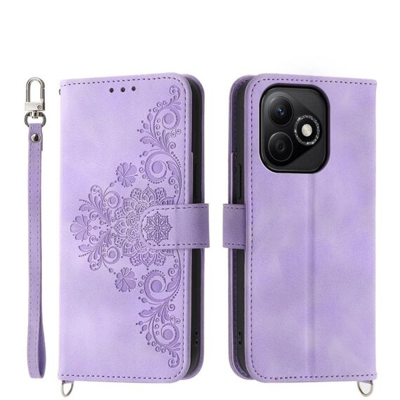 Custodia in pelle con portafoglio in rilievo con fiori per Honor X60i (viola)
