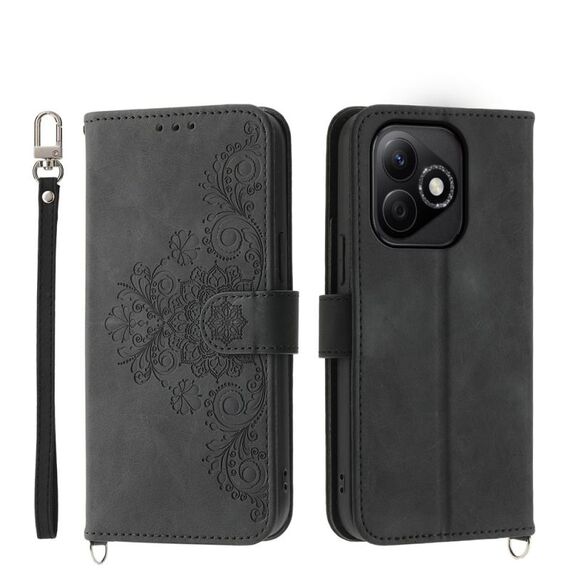 Custodia in pelle con portafoglio in rilievo con fiori per Honor X60i (nero)