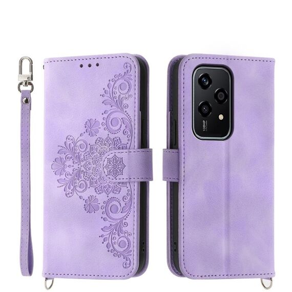 Custodia per telefono in pelle con portafoglio in rilievo con fiori per Honor 200 Lite (viola)