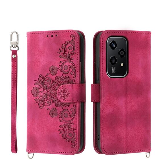 Custodia per telefono in pelle con portafoglio in rilievo con fiori per Honor 200 Lite (rosso vino)