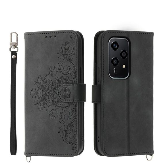 Custodia per telefono in pelle con portafoglio in rilievo con fiori per Honor 200 Lite (nero)