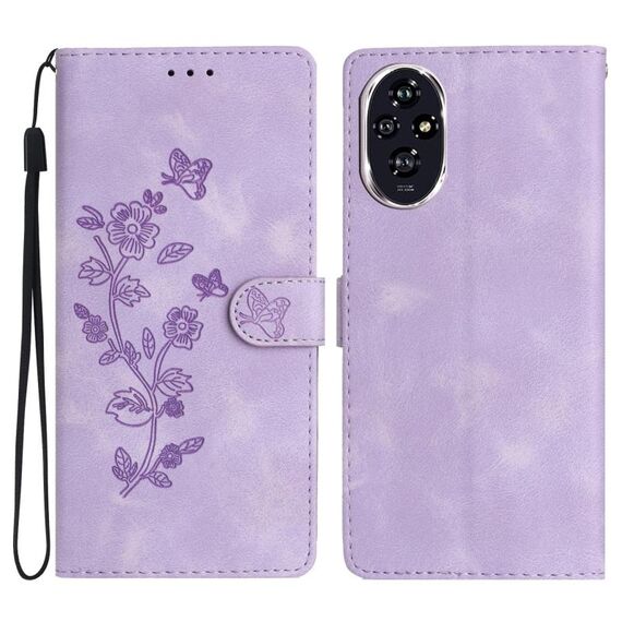 Custodia in pelle con motivo a farfalla con motivo a rilievo per Honor 200 (viola)