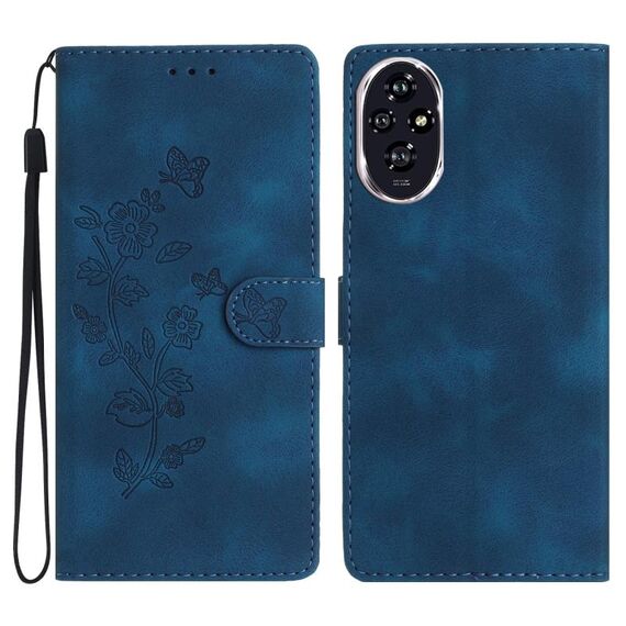 Per Honor 200 Pro Custodia in pelle con motivo a farfalla e fiore in rilievo (blu)