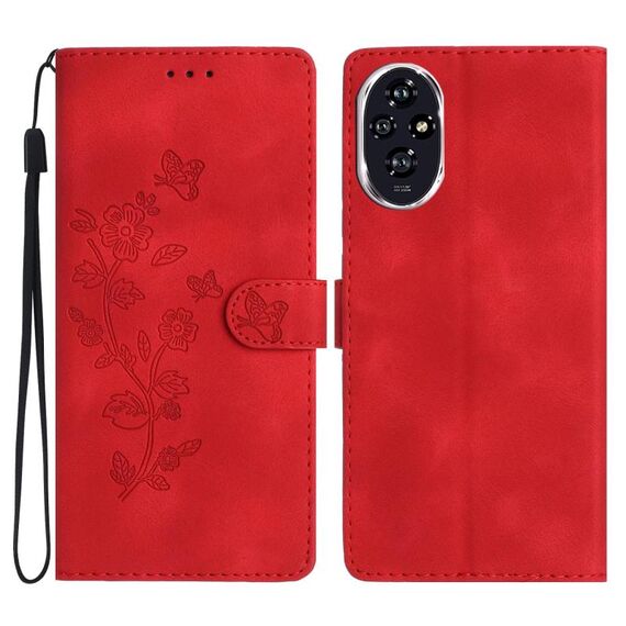Per Honor 200 Pro Custodia in pelle con motivo a farfalla e fiore in rilievo (rosso)