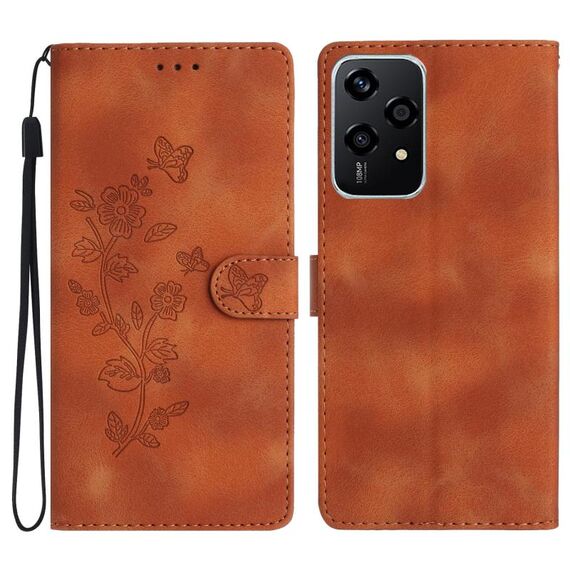 Custodia in pelle con motivo a farfalla e fiore per Honor 200 Lite (marrone)