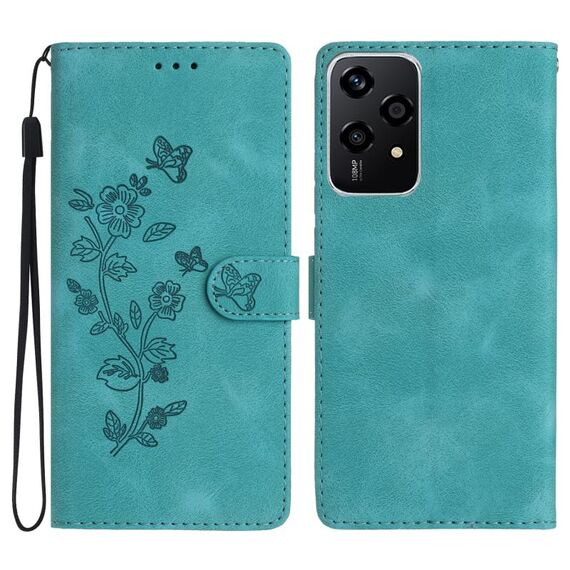 Custodia in pelle con motivo in rilievo a farfalla per Honor 200 Lite Global Flower (azzurro cielo)