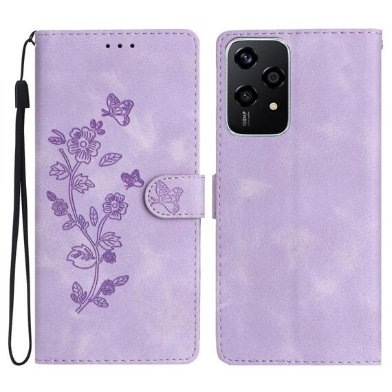 Per Honor 200 Lite Custodia in pelle con motivo a farfalla e fiore globale (viola)