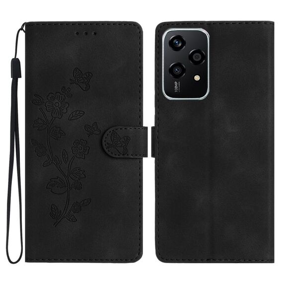 Custodia per telefono in pelle con motivo a farfalla e fiore per Honor 200 Lite (nero)