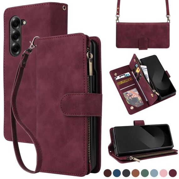 Per Samsung Galaxy Z Fold6 5G Custodia a tracolla con cerniera in pelle con slot multi-carta (rosso vino)