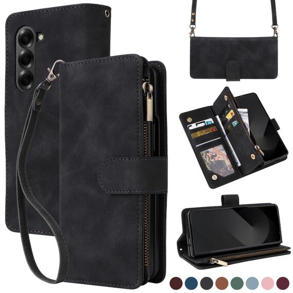 Per Samsung Galaxy Z Fold6 5G Custodia a tracolla con cerniera in pelle con slot multi-card (nero)