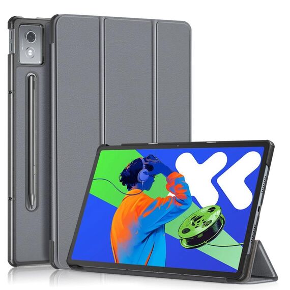 Per Lenovo Tab P12 12.7 2025 Custer Pure Color 3-folding Custodia per tablet intelligente in pelle (grigio)