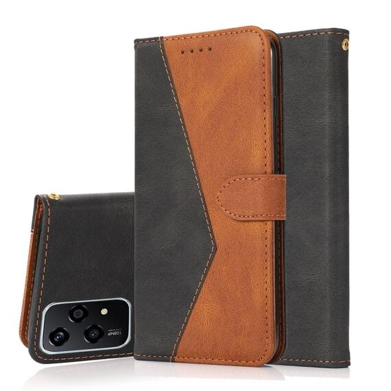 Custodia per telefono in pelle con cuciture bicolore per Honor 200 Lite (nero marrone)