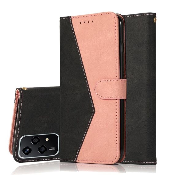 Custodia per telefono in pelle con cuciture bicolore per Honor 200 Lite Global (nero, rosa e oro)
