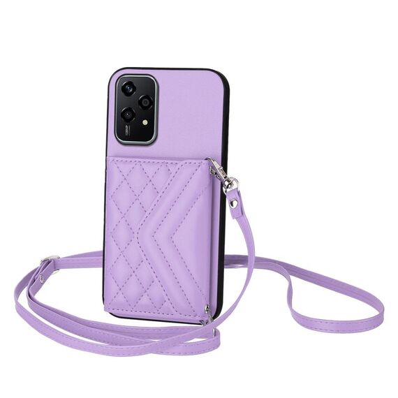 Per Honor 200 Lite 5G Global Rhombic Texture Card Bag RFID Custodia per telefono con cordino lungo (viola chiaro)