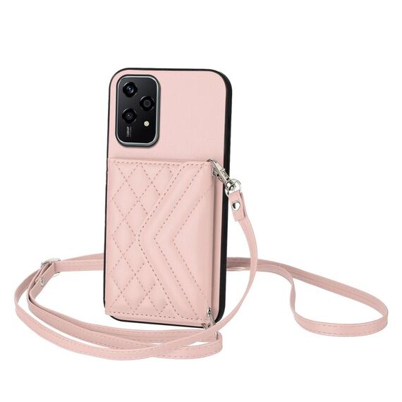 Per Honor 200 Lite 5G Global Rhombic Texture Card Bag RFID Custodia per telefono con cordino lungo (oro rosa)