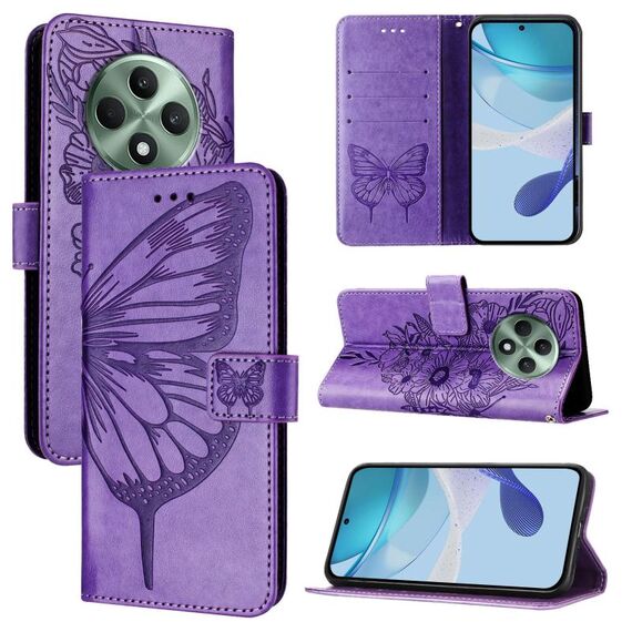 Per OPPO Reno12 F 5G Custodia per telefono in pelle con motivo a farfalla in rilievo globale (viola chiaro)