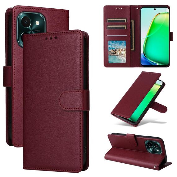 Per vivo Y28 4G Custodia in pelle con flip orizzontale multifunzionale con tre slot per carte (rosso vino)