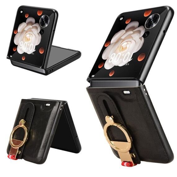 Custodia per telefono con cinturino in pelle For Honor Magic V Flip (nero)