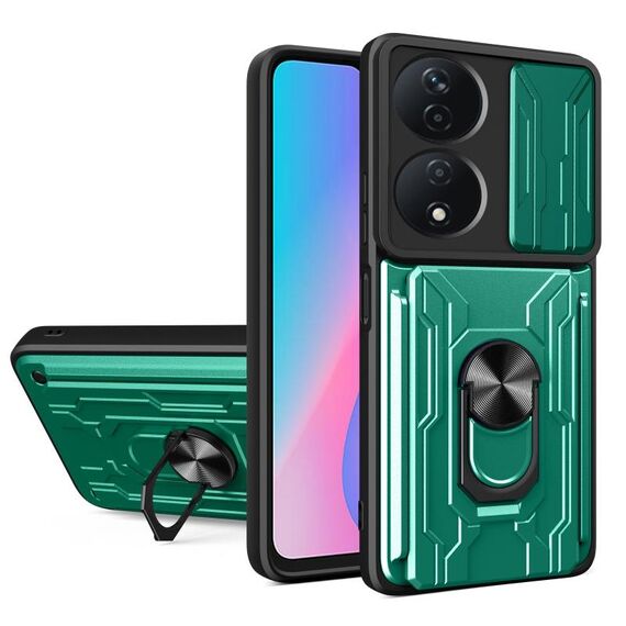 Custodia per telefono in TPU+PC con slot per schede per Honor X7b con protezione scorrevole Camshield (verde scuro)