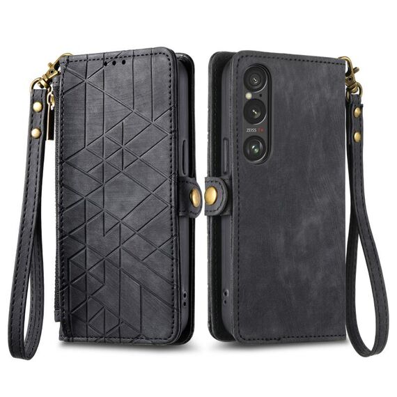 Custodia per telefono in pelle con fibbia laterale con cerniera geometrica per Sony Xperia 1 VI (nera)