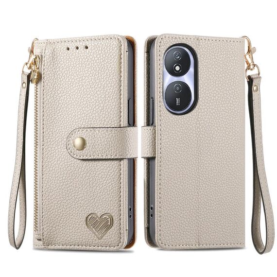Custodia per telefono in pelle con cordino e cerniera Love per Honor Play 50 Plus (grigio)