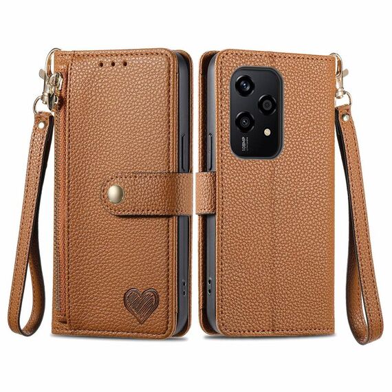 Custodia per telefono in pelle con cordino e cerniera Love per Honor 200 Lite (marrone)