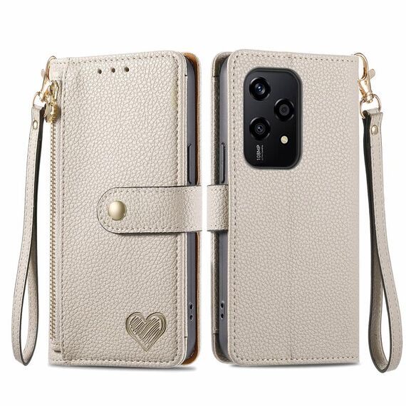 Custodia per telefono in pelle con cordino e cerniera Love per Honor 200 Lite (grigio)