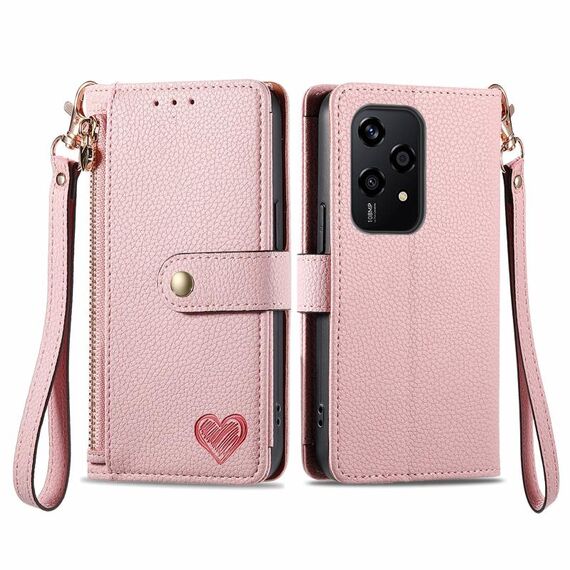 Custodia per telefono in pelle con cordino e cerniera Love per Honor 200 Lite (rosa)