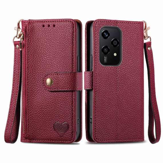 Custodia per telefono in pelle con cordino e cerniera Love per Honor 200 Lite (rossa)