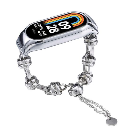 Per Xiaomi Mi Band 8 Bracciale con perline Cinturino in metallo (argento + doppio anello)