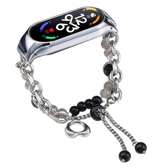 Per Xiaomi Mi Band 7 Cinturino per orologio in onice con perline di cristallo (argento + perla nera)
