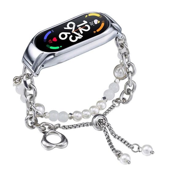 Per cinturino per orologio Xiaomi Mi Band 7 in onice con perline di cristallo (argento + perla bianca)
