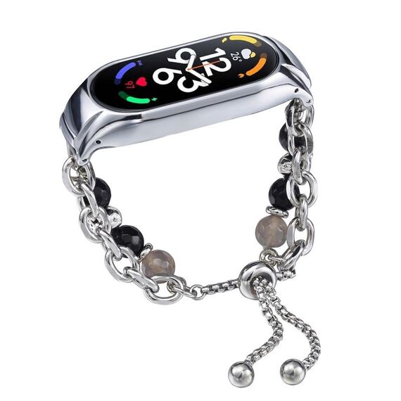Per cinturino per orologio Xiaomi Mi Band 7 in onice con perline di cristallo (argento + perlina di agata)