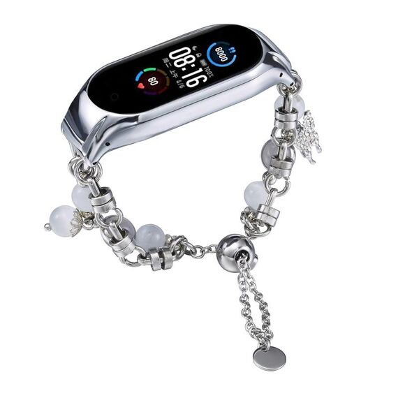 Per cinturino per orologio Xiaomi Mi Band 5/6 in onice con perline di cristallo (argento + farfalla)