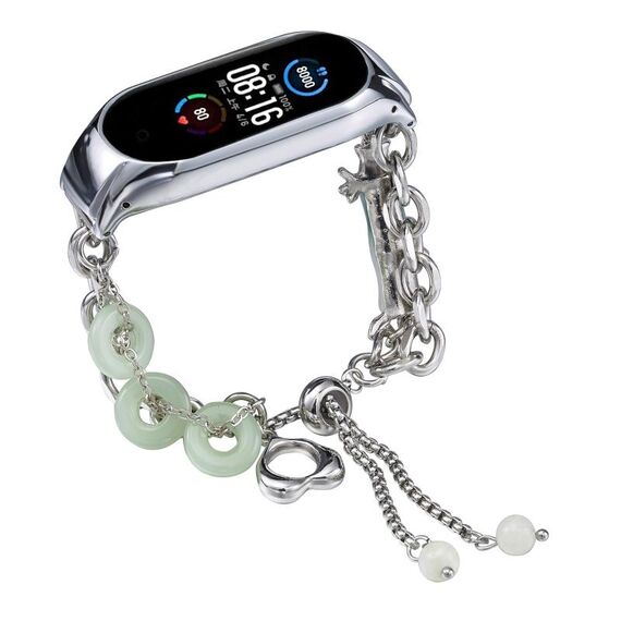 Per Xiaomi Mi Band 5/6 Cinturino per orologio in onice con perline di cristallo (argento + ciambella di giada)