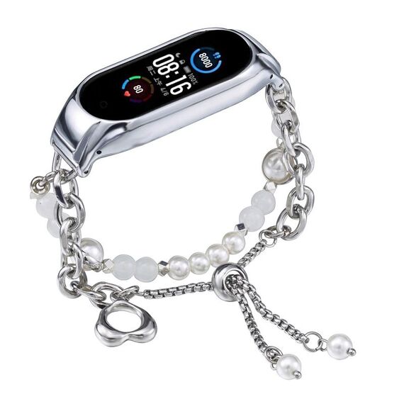Per Xiaomi Mi Band 5 / 6 Cinturino per orologio in onice con perline di cristallo (argento + perla bianca)